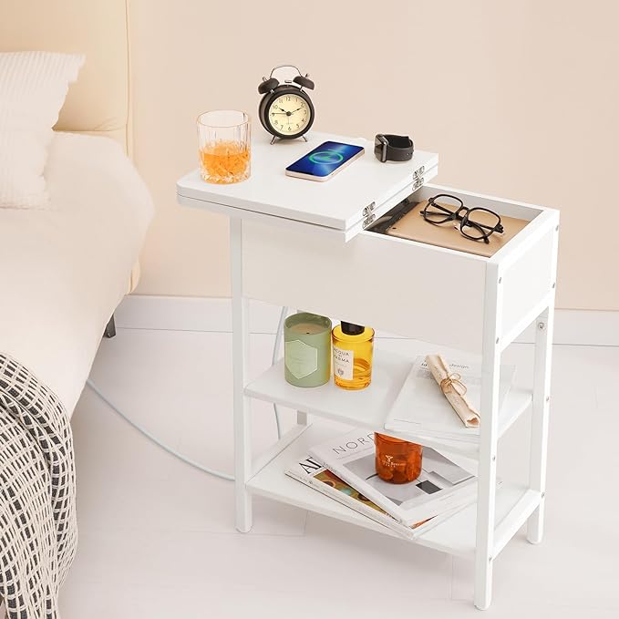 Yoobure End Table with Charging Station, Flip Top Side Table with USB Ports and Outlets, Sofa Couch Table Bedside Table for Living Room Bedroom, Narrow Nightstand with Storage Shelves for Small Spaces