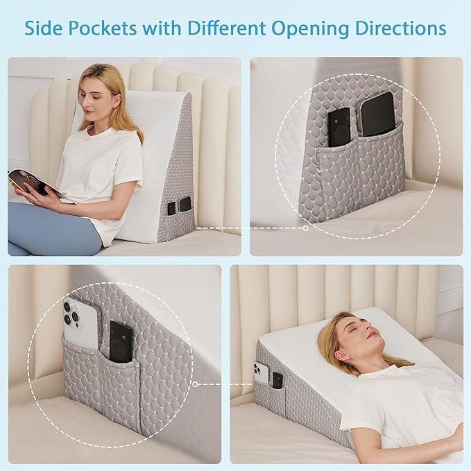 Wedge Pillow for Back Pain Relief, Bed Wedge Pillow for Sleeping, 24×24×7.5 Inch Memory Foam Anti Snore Pillow, Triangle Pillow Wedge for Sleeping Acid Reflux, Gerd, Elevated Pillow White/Grey