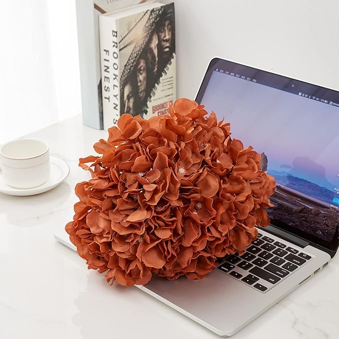 Rust Orange Artificial Hydrangea Flower Heads Hydrangea Silk Flowers with Stems for Wedding Centerpieces Bouquets DIY Floral Decor Home Decoration,Pack of 10pcs