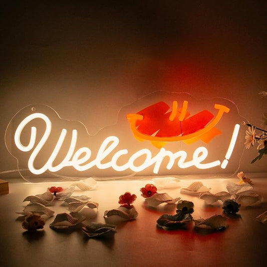 Goneons Welcome Neon Sign for Wall Decor, Dimmable & USB Powered Warm White Welcome with Smile LED Neon Light Sign for Business Open Windows Home Shop Bar Restaurant Pub Cafe Salon Party Decor