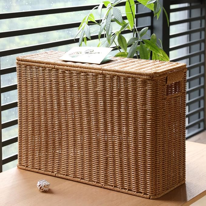 jojofuny Wicker Storage Baskets with Lids, Rattan Magazine Holder, Weave Sundries Basket, Woven Storage Container, for Storage, Living Room, Toy Organizing