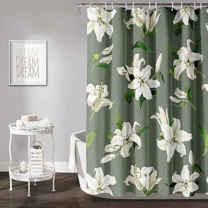 AILONEN Flower Shower Curtain, Vintage Garden Lilies Theme Waterproof Fabric Shower Curtain Set,Green Spring Flowers Bathroom Decor for Teen Girls Women,72" W*84" H
