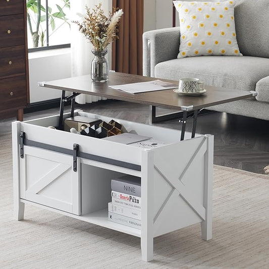 VINGLI 36" Coffee Table with Lifting top, Farmhouse Coffe Table with Storage, Small Lift Top Coffee Tables for Living Room, Rectangular Wood Center Table for Home Decor, White Oak
