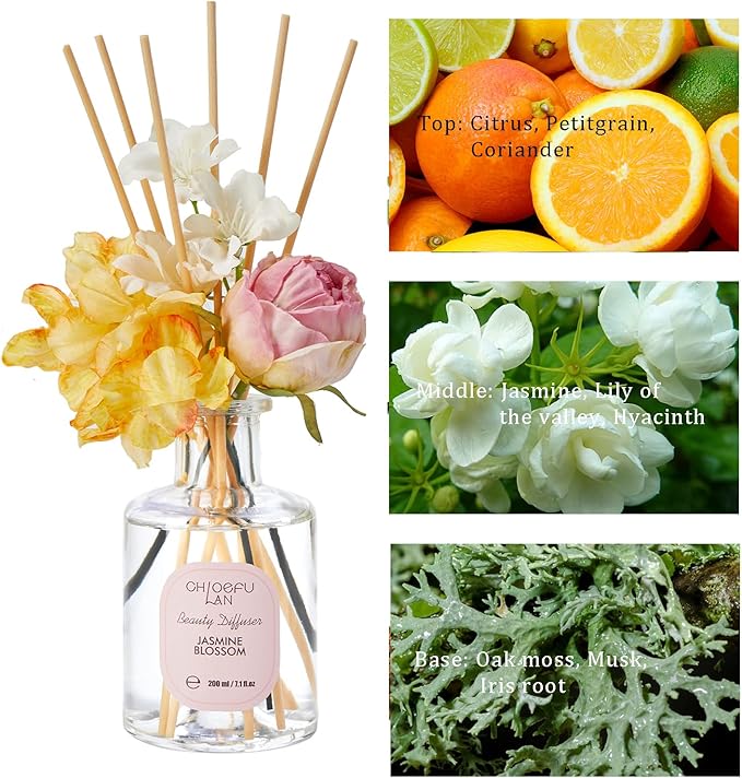 Chloefu Lan Reéd Diffuser Set 6.7oz (200ml) with 9 Sticks, Jasmine Blossom Scent Diffusers for Home, Flowers Reéd Diffuser Sticks, Scentsy Home Fragrance, Scented Oils, Home & Bathroom Décor