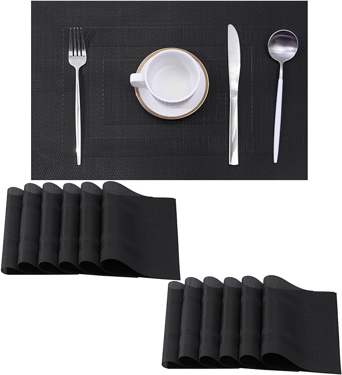 Leetaltree Black Frame Placemats Set of 12 - Heat Resistant Non-Slip Place mats for Dining Table, Washable Durable PVC Vinyl Woven Table Mats（Black Frame, 12）