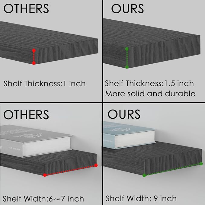 Floating Shelves for Wall - 32 x 9 Inch Natural Wood Shelves for Bathroom, Bedroom, Kitchen Decor, Farmhouse Decor Set of 2, Black