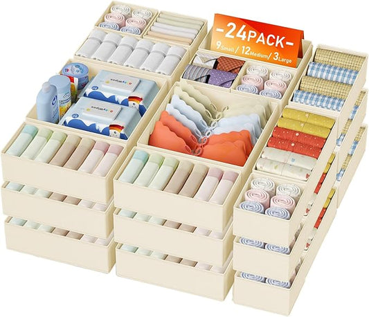 DIMJ Drawer Organizer Clothes 24 Pack - Foldable Baby Organizers and Storage & Dresser Organizer for Bedroom, Closet - Nursery Organization Dresser Dividers for underwear, Sock,Bra, Belt, Tie, Beige