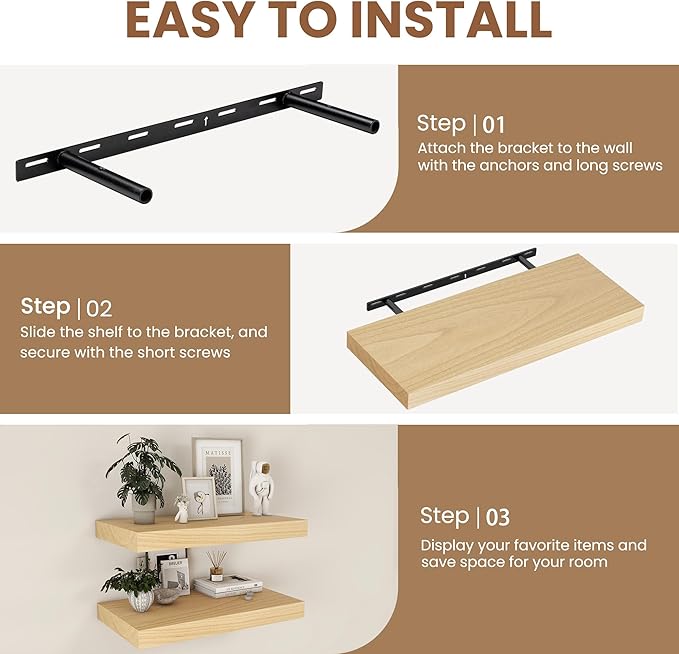 Floating Shelves24 Inch Long , 9 Inch Deep Floating Shelves for Wall, Solid Wood Floating Shelf, Deep Wall Shelves for Living Room, Bathroom, Kitchen, 24"W x 9.3"D x 1.6"H, Natural Color, Set of 2