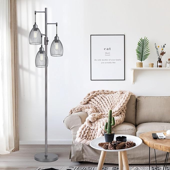Dimmable Industrial Floor Lamps for Living Room, Gray Tree Standing Tall Lamps with 3 Elegant Teardrop Cage Head & 800 Lumens LED Bulbs for Bedroom Office