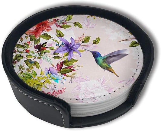 Hummingbirds Bird Flower Coasters for Drinks with Holder Leather Coasters Set of 6 Table Decor Protect Furniture from Water Marks Scratch and Damage