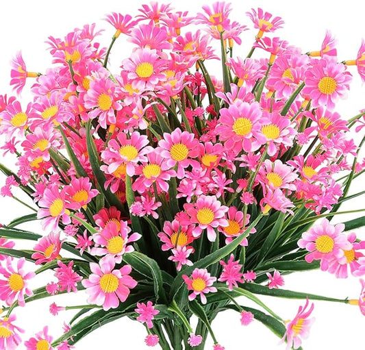 8 Bundles Artificial Daisies Flowers Outdoor UV Resistant Fake Foliage Greenery Faux Plants Shrubs Plastic Bushes for Window Box Hanging Planter Farmhouse Indoor Outside Decor(Pink)