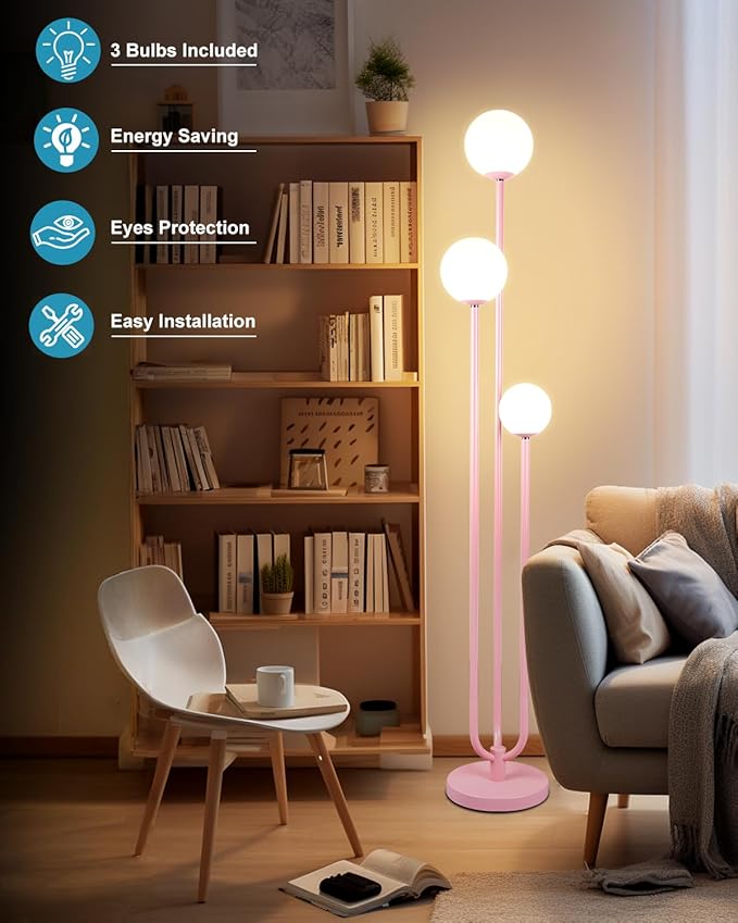 63IN 3-Light Floor Lamp, Unique Tall Standing Lamps with 3 Pink Poles and 3000K G9 Bulbs for Reading, Mid Century Modern Floor Lamp for Living Room Bedroom Office