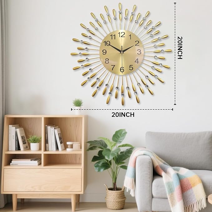 Wall Clock,20inch Decorative Wall Clocks Silent Quality Quartz Battery Operated,Large Wall Clock for Living Room,Kitchen,Home,Bathroom,Bedroom Wall Decor,Golden