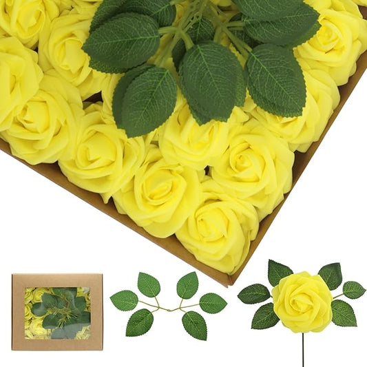 100PCS Yellow Artificial Flowers Roses Real Looking Foam Fake Roses with Leaves and for DIY Wedding Bouquets Bridal Shower Centerpieces Party Decorations (Yellow, 100)
