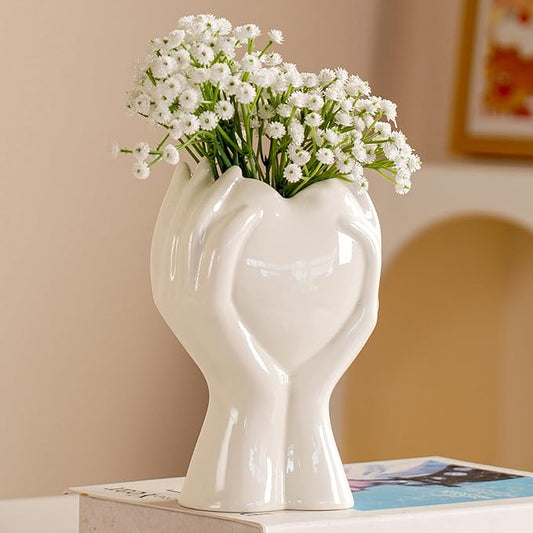 8 inch Tall Hand Heart Flower Vase - Cute Unique Ceramic Small White Vases Home Decor for Pampas Grass Bouquet Plant Tulip Floral - Living Room Coffee Table,Shelf,Dining Table Decor,Mom Gifts (White)