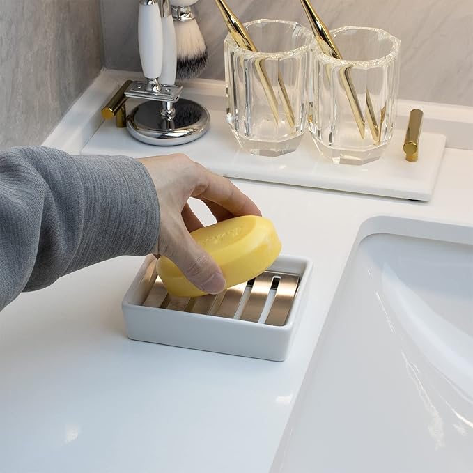 Soap Dish for Bar Soap, Bathroom Soap Holder for Shower, White Ceramic Soap Tray with Stainless Steel Draining Holder