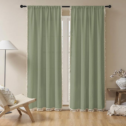 Joydeco Sage Green Boho Curtains 96 Inches Long 2 Panels, Super Soft Bohemian Farmhouse Curtains with Tassels, Semi Sheer Light Filtering Drapes for Bedroom Living Room (Rod Pocket, 52Wx96L)
