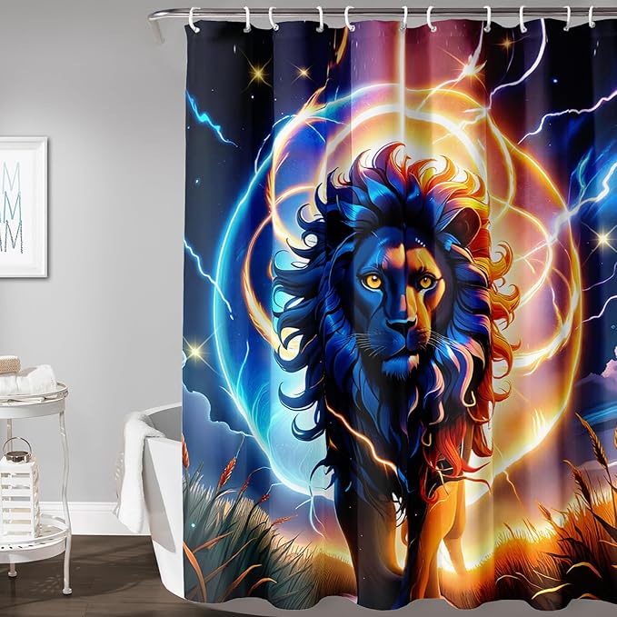 AILONEN 3D Lion Shower Curtain for Bathroom,Gold Halo Lightning Lion Printed Bath Curtain,Boys Teen Kids Running Lion Decoration Shower Curtain Waterproof 36" W*72" H