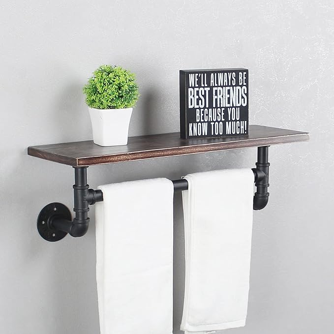 Industrial Pipe Shelving - Iron Bathroom Shelf With Towel Bar, 24in Rustic Metal Floating Wall Shelf, 1 Tier Retro Black