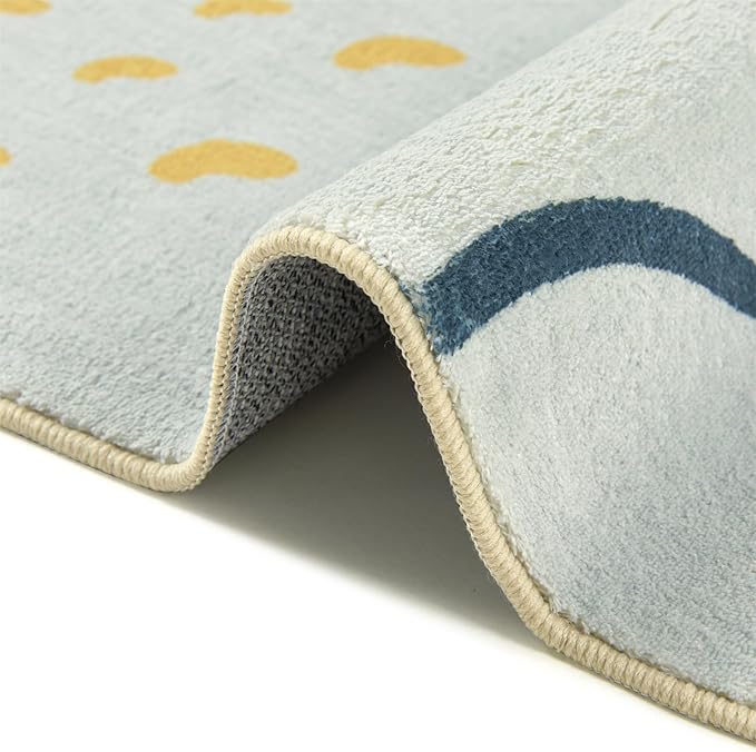 RoomTalks Mid Century Modern Washable Rug, Boho Cute Aesthetic 5x7 Area Rugs for Bedroom Dining Living Room Kitchen Nursery, Blue Abstract Tropical Leaves Thin Indoor Entryway Rug Accent Carpet