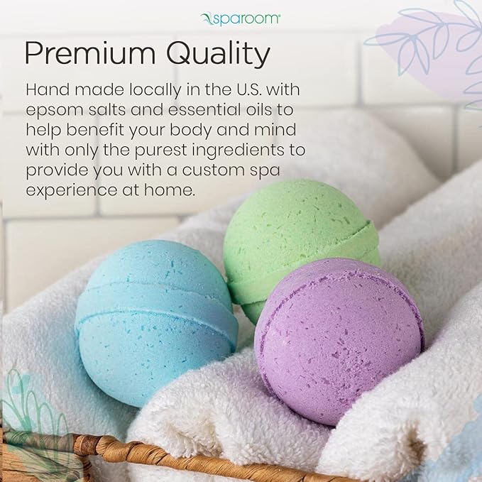 SpaRoom Soothe and Relax Handmade Natural Essential Oil Aromatherapy Bath Bombs, Set of 3, Lavender, Eucalyptus and Peppermint