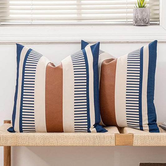 Farmhouse Stripe Pillow Cover 18x18 Boho Accent Cushion Case Faux Leather Decorative Pillowcase,Navy Blue and Beige (Cover ONLY, Pack of 2)