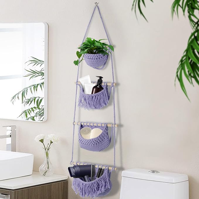4 Tier Hanging Fruit Basket for Kitchen, Purple Boho Cotton Crocheted Produce Holder for Bathroom Bedroom, Detachable Wall Hanging Basket Shelves Over Door Organizer for Fruit Veggie Plant