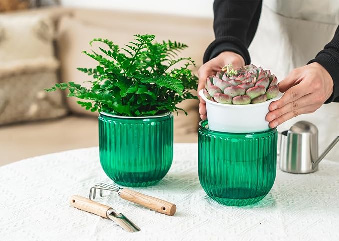 Melphoe 2 Pack Self Watering Hanging Planters Indoor Flower Pots, 5.3 Inch Outdoor Hanging Basket, Plant Hanger with 3Hooks Drainage Holes for Garden Home (Emerald)