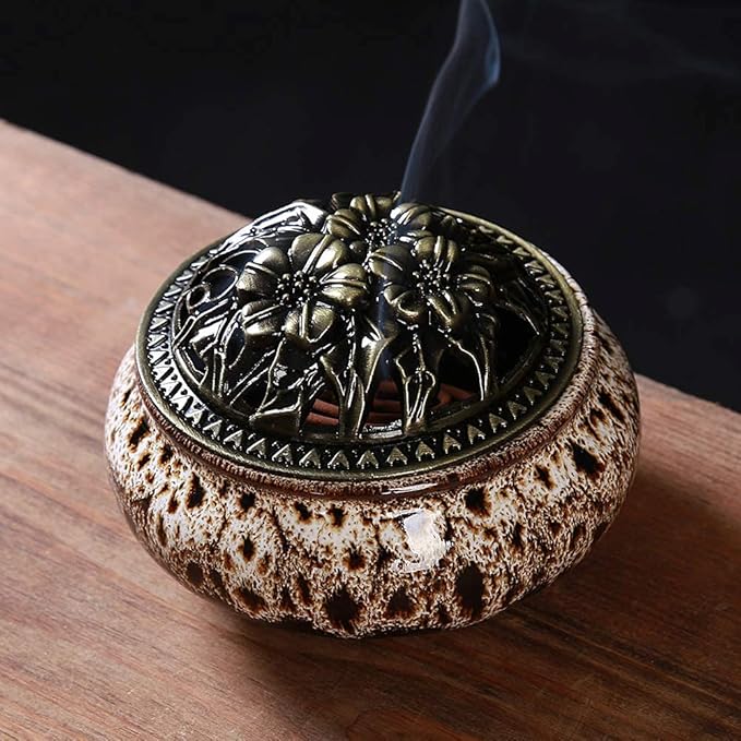 Ceramic Incense Burner with Incense Stick Holder + Insulation use for Stick or Coil Incense, Sage Cones and Frankincense (Fambe Gray)