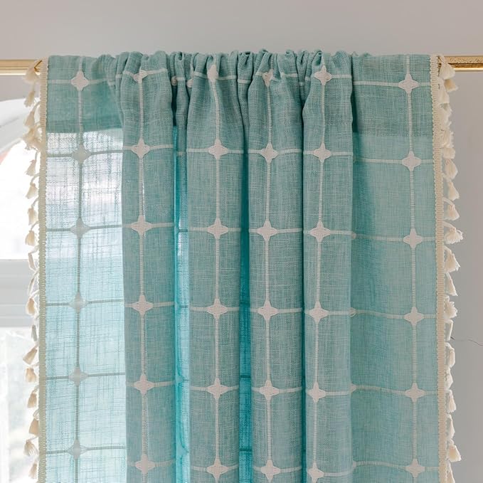 Sutuo Home Boho Curtains 90 Inches Long for Bedroom Living Room, Plaids Farmhouse Tassels Semi Blackout Linen Window Treatment Bohemian Embroidery Drape,Rod Pocket 1 Panel 52" W x 90" L, Aqua Blue