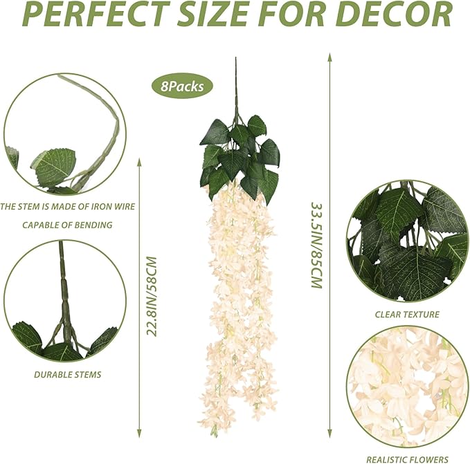 Artificial Lilac Flowers Garland 8Pcs-24Branches 33.5in Fake Syringa Wisteria Vines Faux Silk Lilac Hanging Floral Decoration for Indoor Outdoor Wedding Arch Birthday Party Garden Balcony (Champagne)