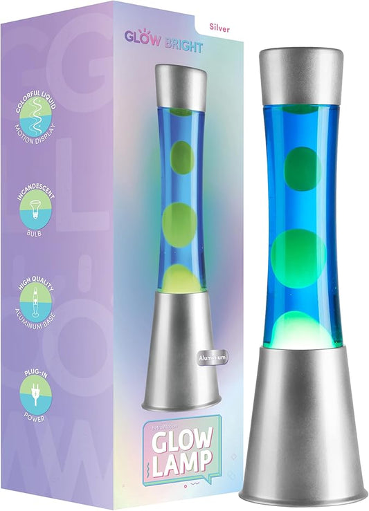 15.43" Cylinder Glow Lamp with Silver Base, Blue Liquid and Green Wax, Novelty Lamp and Home Décor for Adults, Teens and Kids