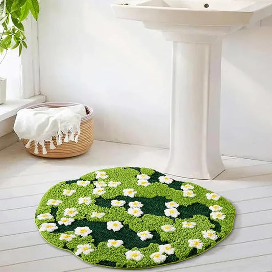 Cute Green Bath Mat Floral Moss Spring Daisy Flower Bathroom Rugs Non Slip Machine Washable Super Absorbent, Irregular Shaped 2ft Luxury Grass Microfiber Bath Rug Bathroom Shower Floor Mat