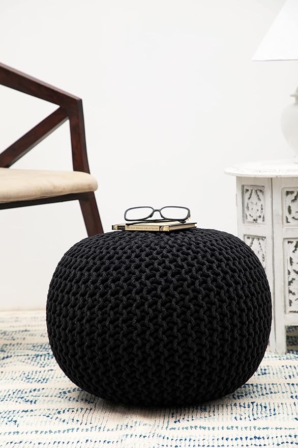 COTTON CRAFT Round Pouf - Hand Knitted Cotton Braid Cord Cable Dori Ottoman - Foot Stool - Floor Pouf Footrest Accent Seat Furniture Bean Bag - Living Room Kids Room Nursery Dorm Décor - 20x14 - Black
