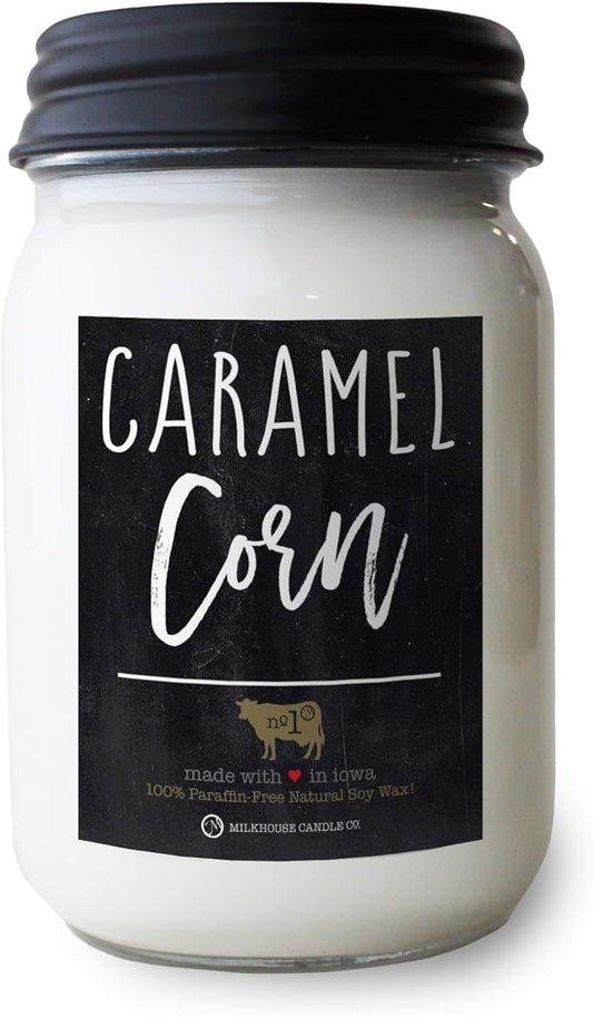 Milkhouse Candle Company - Caramel Corn - 13oz Beeswax and Soy Candles - Farmhouse Collection - 100% Natural, Paraffin Free, with Premium Fragrance Oil, Glass Jars with Lids