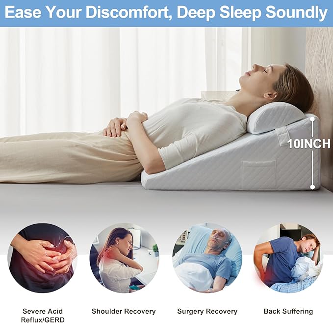 Wedge Pillow, 10” Bed Wedge Pillow for Sleeping, Elevate Incline Pillow for Adults,Memory Foam Wedge with Washable Case, Ideal for Rest & Relax