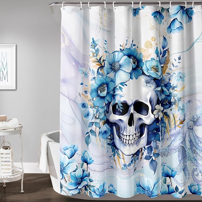 AILONEN Sugar Skull Blue Shower Curtain, Watercolor Floral Skull Octopus Printed Bath Curtain,Bathroom Waterproof Shower Curtain for Boys Girls 48" W x 72" H,with 12 Plastic Hooks