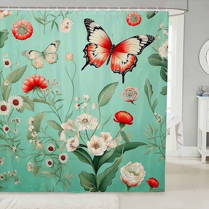 Feelyou Floral Flower Fabric Shower Curtain Red Butterfly Shower Curtain for Teens Green Bathroom Waterproof Accessories with 12 Hooks Flower Botanical Curtains,72x78 Inches