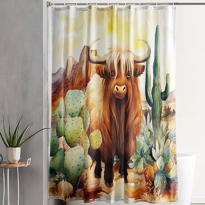 AILONEN Yak Shower Curtain Set, Desert Cactus Yak Polyester Waterproof Shower Curtain,Watercolour Sunset Warm Yellow Cloth Bath Curtain Set with Plastic Hooks,72" Wx84 H