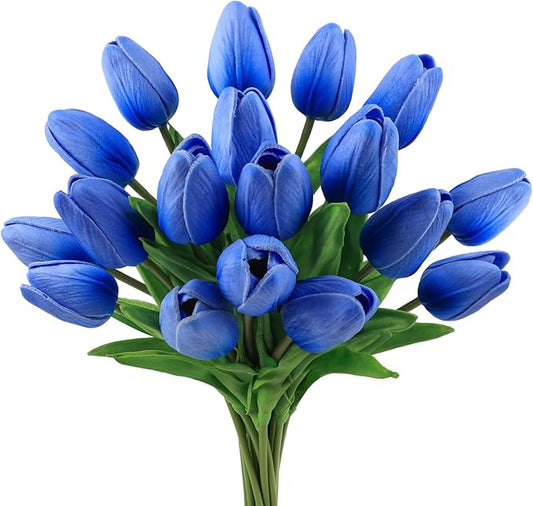 Beferr 18pcs Tulips Artificial Flowers Faux Tulip Real Touch Fake Flowers Bouquets Arrangements for Mothers Day Easter Spring Flowers Gifts Home Table Decor Blue