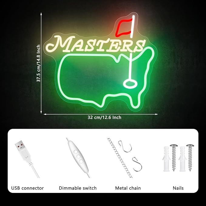 Masters Neon Sign, Golf Neon Signs for Wall Decor, Dimmable Led Signs for Bedroom, Light Up Signs for Golf Club Sports Bar Business Man Cave Party Decorations