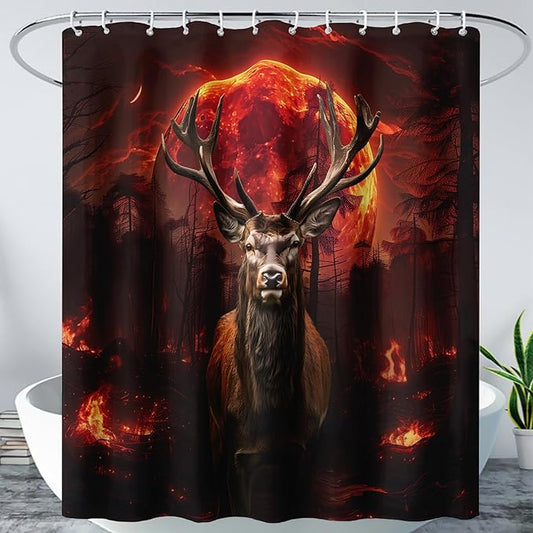 AILONEN Deer Hunting Shower Curtain for Boys,Moon Flame Fire Elk Bath Curtain for Bathroom,Print Polyester Waterproof with 12 Plastic Hooks 48" W*72" H