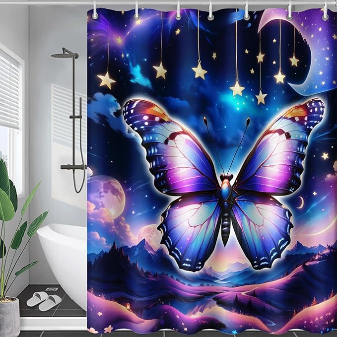 AILONEN Butterfly Shower Curtain for Girls, Fairy Purple Clouds Print Starry Butterfly Bath Curtain,Fantasy Moon Butterfly Decoration Bathroom Waterproof Curtain with 12 Plastic Hooks, 72" W*78" H