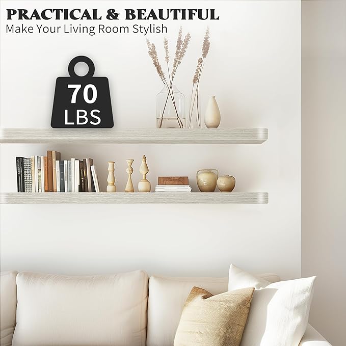 Floating Shelves for Wall, Wood Shelves with Invisible Brackets for Bathroom, Living Room, Bedroom and Kitchen, Long Wall Shelf for Books/Storage/Room Decor, 36 Inch, Set of 2, Grey