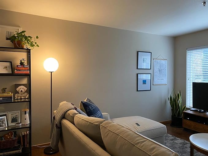 Brightech Luna LED Floor lamp, Modern Lamp for Living Rooms & Offices, Great Living Room Décor, Tall Lamp with Frosted Glass Globe, Mid Century Standing Lamp for Bedroom Reading - Brass/Gold