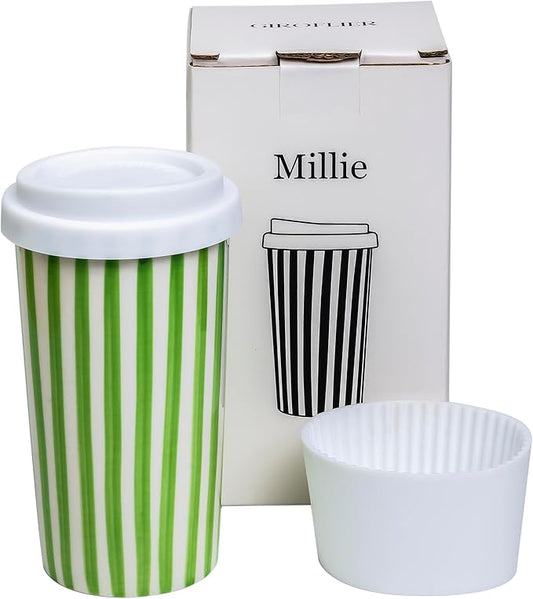 Millie 12oz Ceramic Travel Coffee Mug - Stylish Tumbler with Lid, Microwave & Dishwasher Safe Ceramic Travel Mug with Lid- Unique Gift Idea for Women & Men Who Love Coffee on the Go