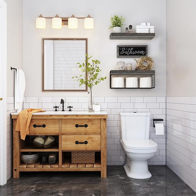 QEEIG ‎Bathroom Shelves Over Toilet - Paper Storage Wall Mounted Farmhouse Decor Decorations Aesthetic Décor Sign Small Floating Shelf 2+1 Set 16 inch, Grey (020GY)