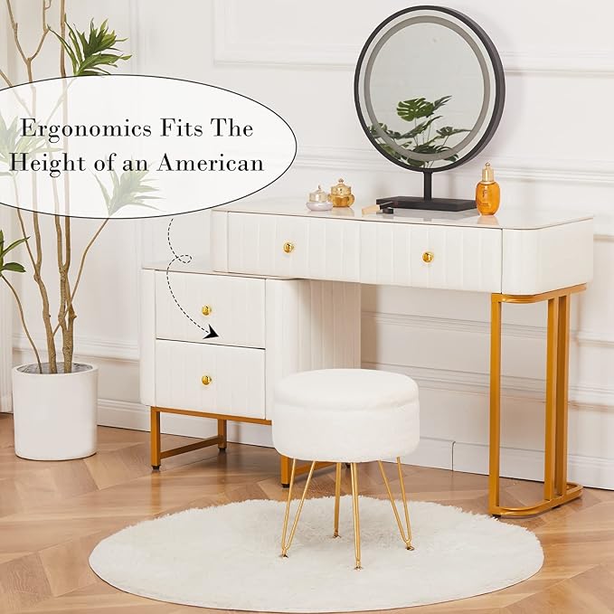 Cplxroc Footrest Footstools Round Faux Fur Ottoman with Storage Space Soft Vanity Chair Seat Coffee Table Ottoman Small Side Table Metal Legs with Adjustable Footings (Cream)