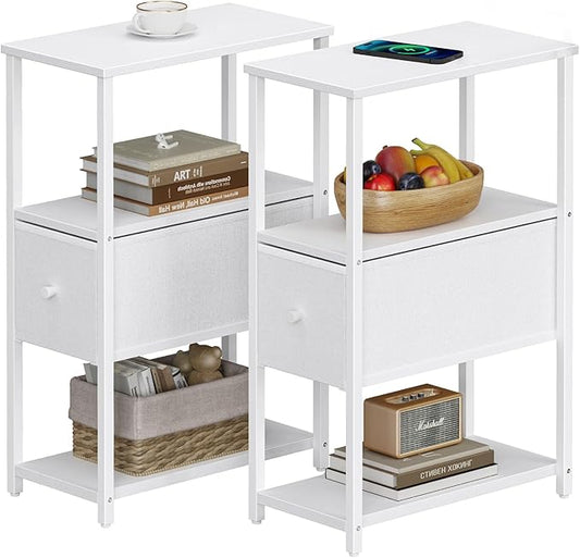 TUTOTAK Set of 2 Small Narrow End Table, Side Table, Nightstand with Cloth Drawer, Couch Table, for Living Room, Bedroom, Bedside, White TB01BW057