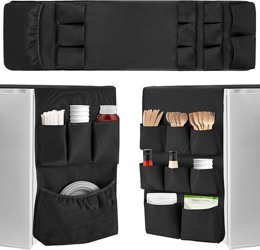 Extended Mini Fridge Caddy Organizer - 55" x 13" Back to School Dorm and Office Over the Fridge Storage Organizer with 12 Pockets for Flatware Drink Paper Goods, College Must Have, Black